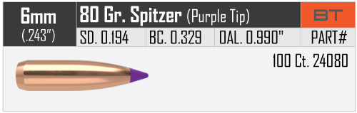 NOSLER BALLISTIC TIP VARMINT 6MM/.243 80GR VPE: 100STÜCK #24080