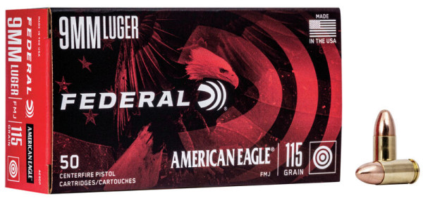 FEDERAL AMERICAN EAGLE 9MM LUGER 115GR FMJ VPE: 50STÜCK, #AE9DP