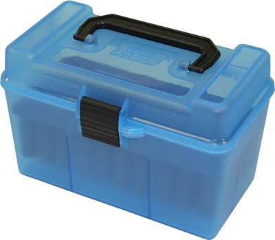 MTM BÜCHSENPATRONEN- BOX M.KLAPPDECKEL+TRAGEGRIFF 50RD 22-250REM BLAU, #H50-RM-24