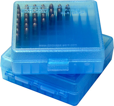 MTM #P-100-3-24 PATRONENBOX MIT KLAPPDECKEL (SCHARNIER) 100RDS BLAU-KLAR .38S