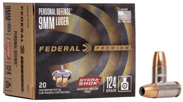 FEDERAL PREMIUM PERSONAL DEFENSE 9MM LUGER 124GR HYDRA-SHOK JHP, VPE: 20STÜCK, #P9HS1