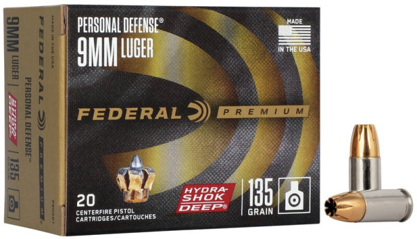FEDERAL PREMIUM P&R 9MM LUGER 135GR HYDRA-SHOK DEEP HP, VPE: 20STÜCK, #P9HSD1