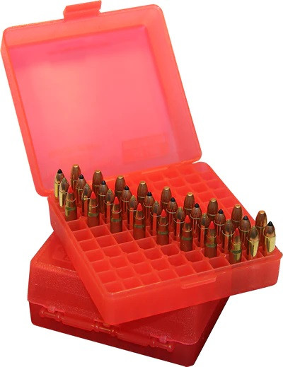 MTM MUNITIONS BOX FLIP TOP 100RDS RIM FIRE BOX CLEAR RED .17HMR, 22RM FIRE MAG, #P-100-22M-29