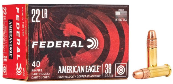 FEDERAL AMERICAN EAGLE .22 LR 38GR HIGH VELOCITY KUPFERBESCHICHTET HP, VPE:40STÜCK, #AE22