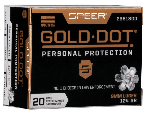 SPEER GOLD DOT HIGHPERFORMANCE MUNITION 9MM LUGER 124GR HP, VPE: 20STÜCK, #23618GD