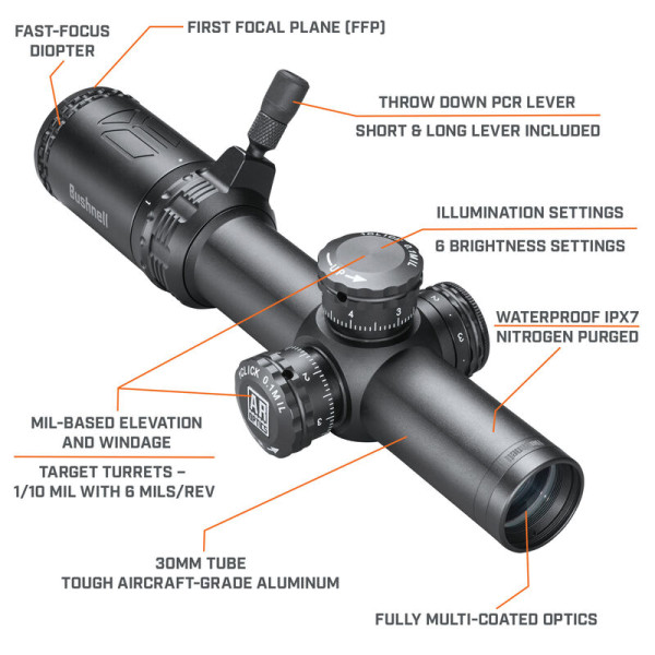 BUSHNELL #AR71424I 1-4X24MM AR OPTICS III ILLUM. BTR-1 FFP BLACK 30MM