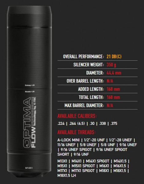 A-TEC OPTIMA FLOW, KAL. .30, 5/8-24, WEIGHT: 350GR -21DB(C) LENGTH: 168MM